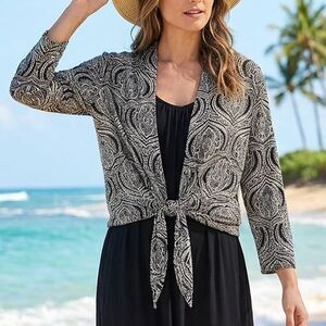 Chico's Travelers Black Cream Paisley Tie Front Knit Shrug Size 1 Coastal Resort